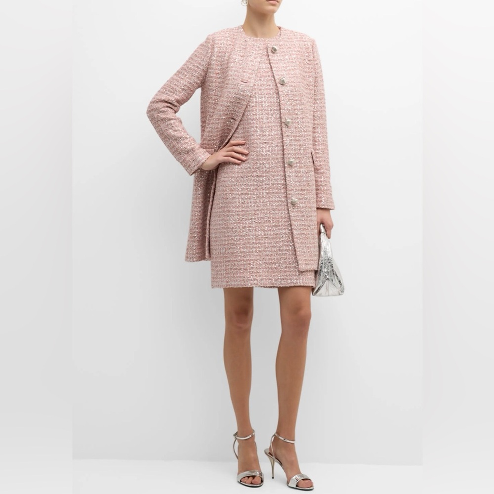 St. John Textured Plaid Sequin Knit Single-Breasted Top Coat